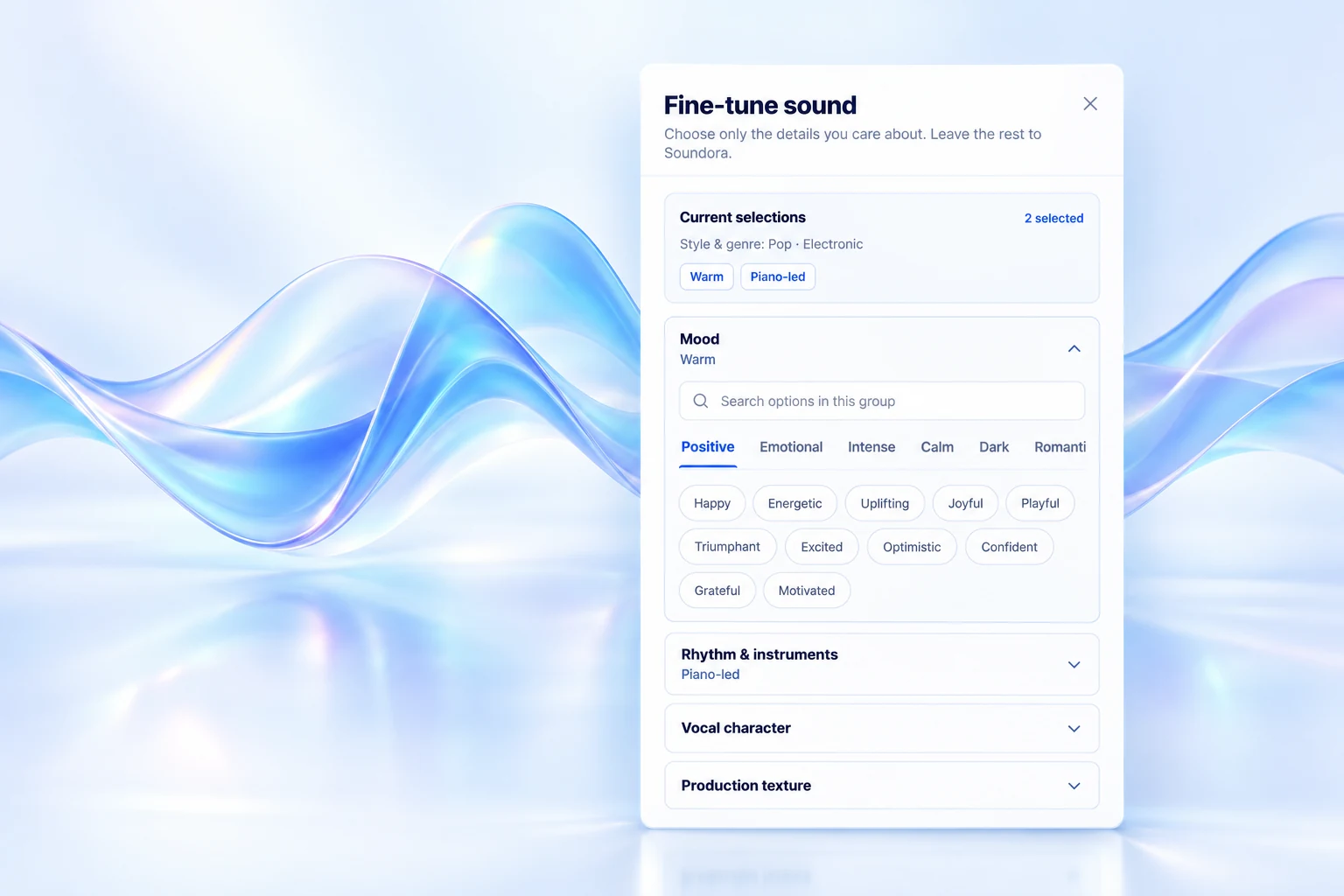 Soundora 英文声音细调面板,显示已选择的情绪与乐器