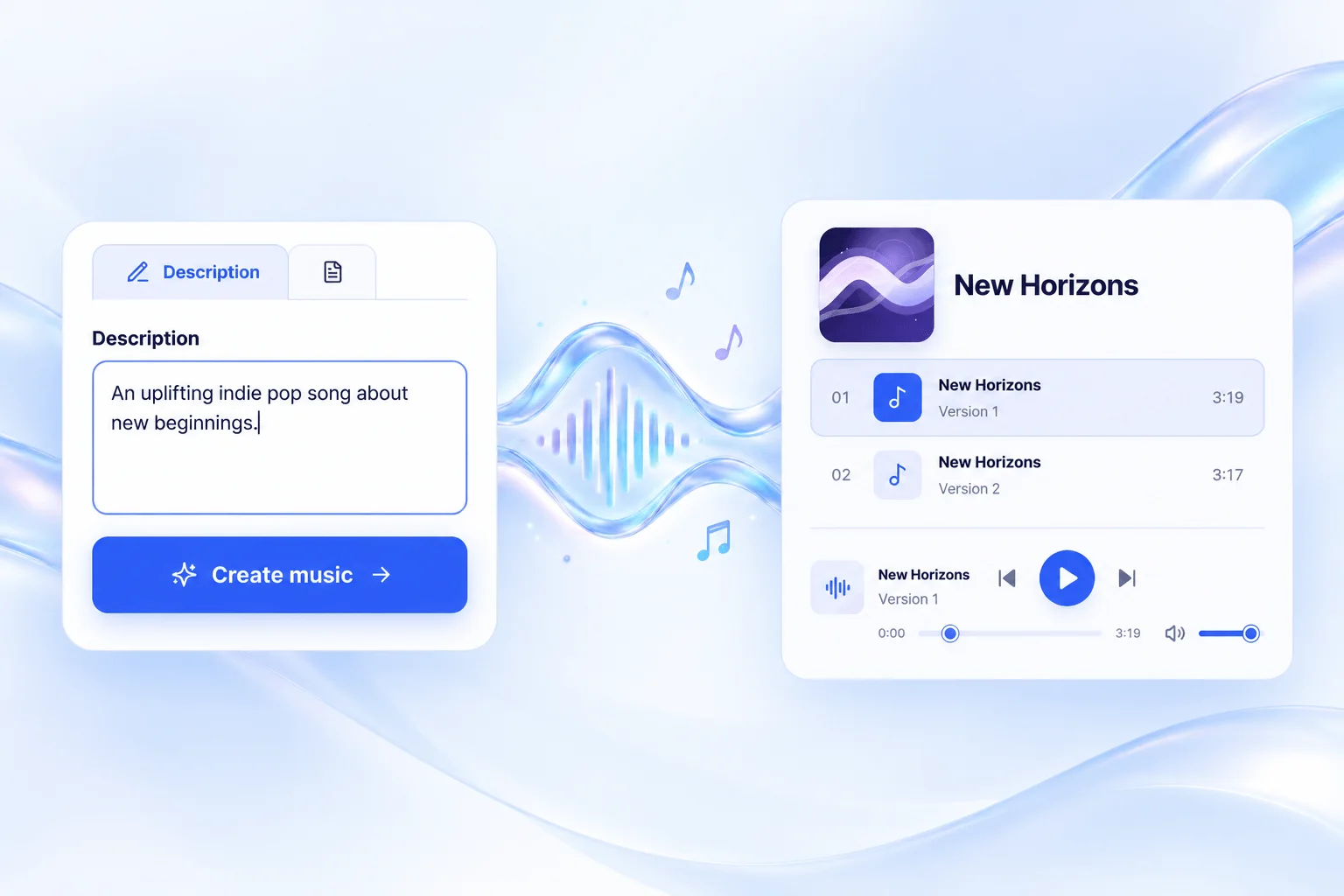 Soundora 英文描述创作表单连接双版本歌曲结果与播放器的宣传图